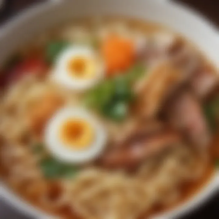 Close-up of a steaming bowl of ramen with toppings