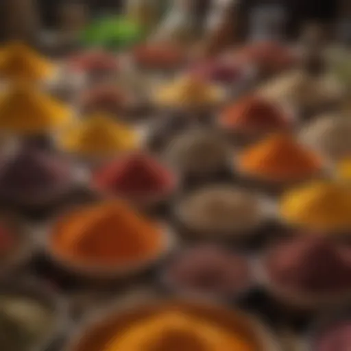 A vibrant African spice market showcasing an array of colorful spices and herbs.