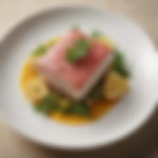 A beautifully plated amberjack dish garnished with fresh herbs and citrus