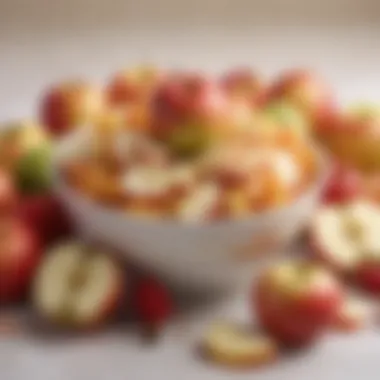 A bowl of apple honee drizzled over a selection of seasonal fruits.