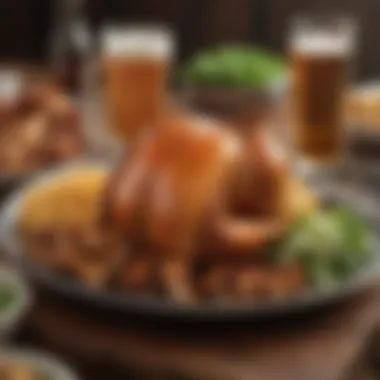 A beautifully arranged plate featuring beer can chicken and complementary side dishes.