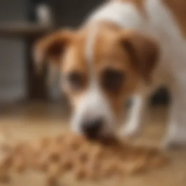 A happy dog playing and solving a kibble toy.