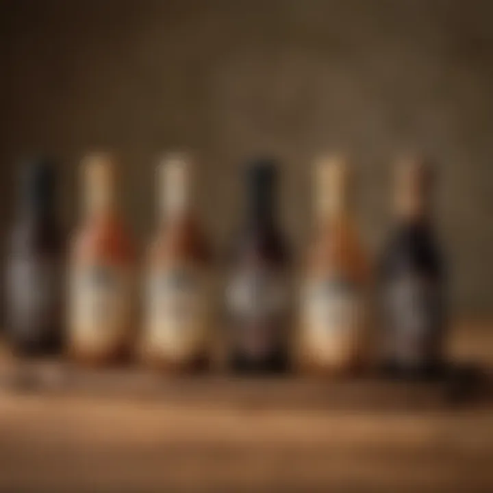 A selection of various brands of Irish cream coffee syrup lined up on a wooden table.