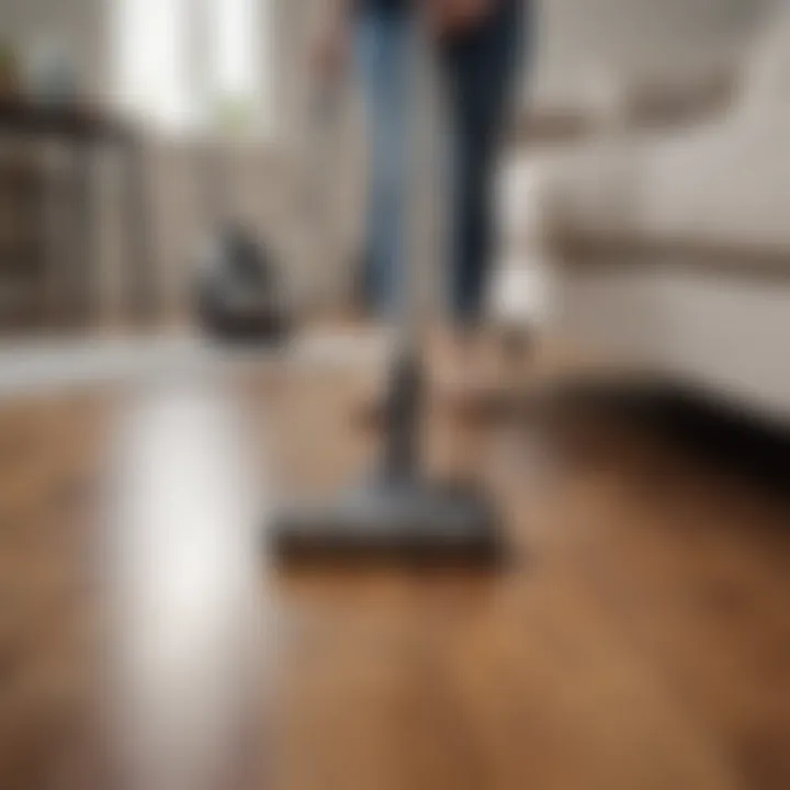 A lightweight cordless stick vacuum effortlessly maneuvering under furniture.