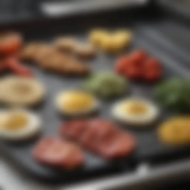 An array of delicious ingredients prepared on the Blackstone gas griddle, emphasizing its cooking capabilities.