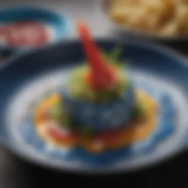 An artistic presentation of a dish enhanced by blue poke sauce, demonstrating its versatility