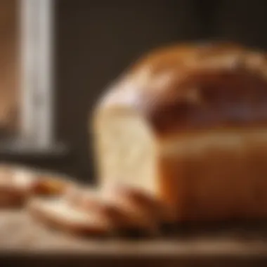 Freshly baked bread emerging from a bread maker, golden brown and crusty.