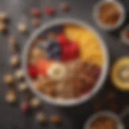 A vibrant spread of colorful fruit and nut breakfast bowls.