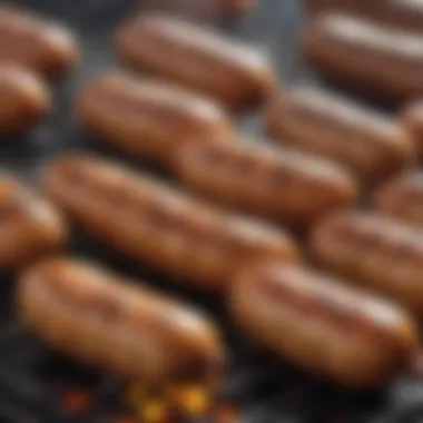 A close-up of grilled chicken apple sausages on a barbecue grill with a smoky backdrop