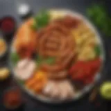 A vibrant platter of sliced chicken apple sausage garnished with fresh herbs and fruits