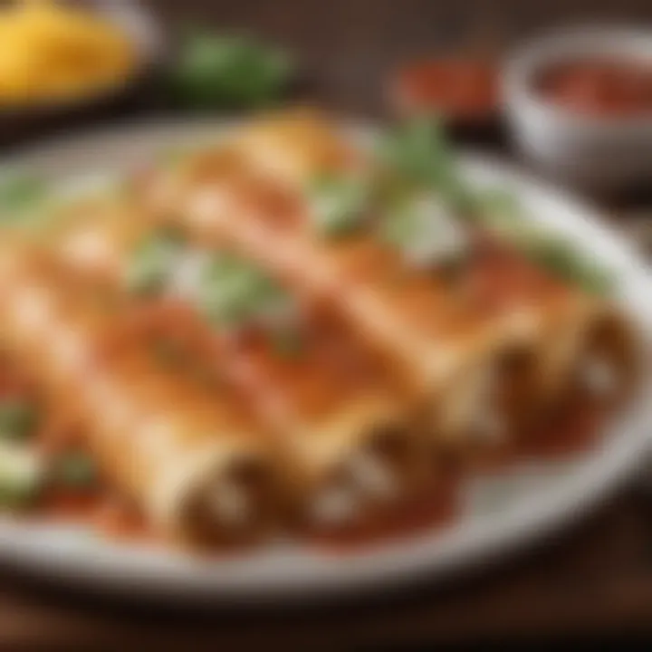 A close-up of a plate showcasing the rich texture and layering of chicken enchiladas drizzled with sauce.