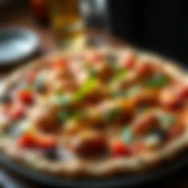 A gourmet chicken pizza adorned with unique sauces and spices