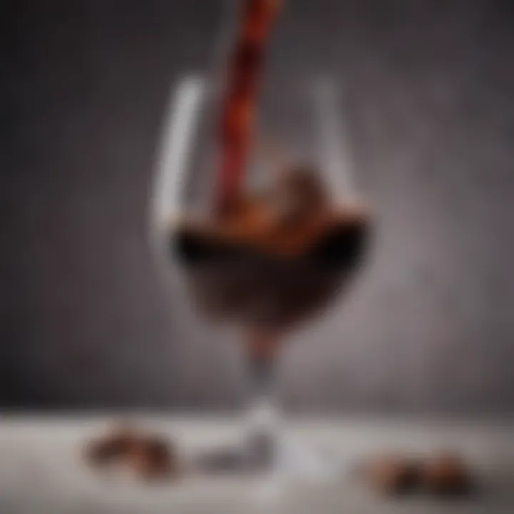 A close-up of a glass filled with rich chocolate-infused wine, showcasing its deep color.