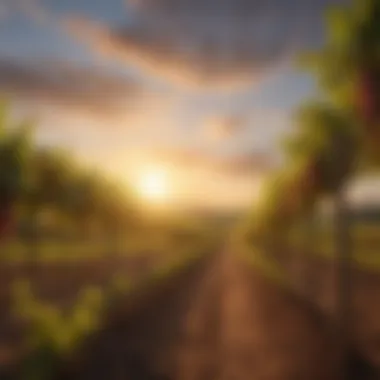 A vineyard landscape at sunset, symbolizing the origins of wine production.