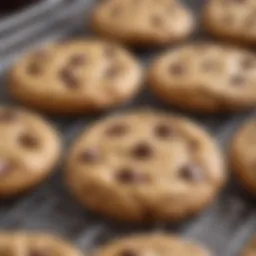 A close-up view of freshly baked chocolate chip peanut butter cookies on a cooling rack, showcasing their golden-brown color and oozy chocolate chips.