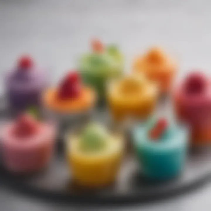 A colorful assortment of chilled sorbets displayed in elegant cups.