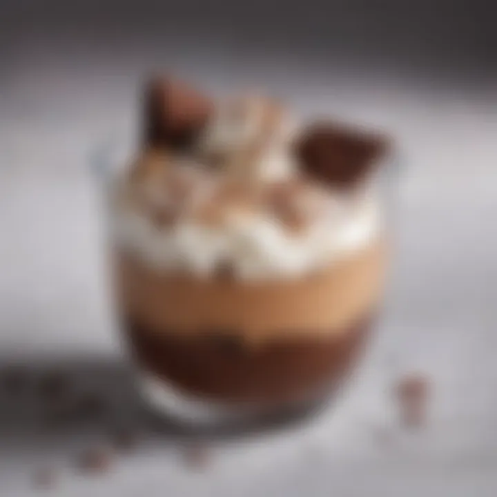 A luscious chocolate mousse topped with whipped cream and chocolate shavings.