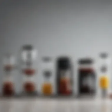 A selection of various cold brew coffee makers lined up for comparison.