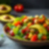 A vibrant avocado salad adorned with colorful vegetables