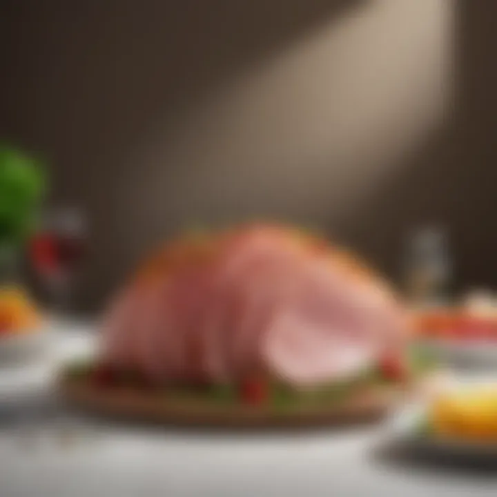 A platter featuring slices of giant spiral sliced honey ham, garnished with fresh herbs and fruit.