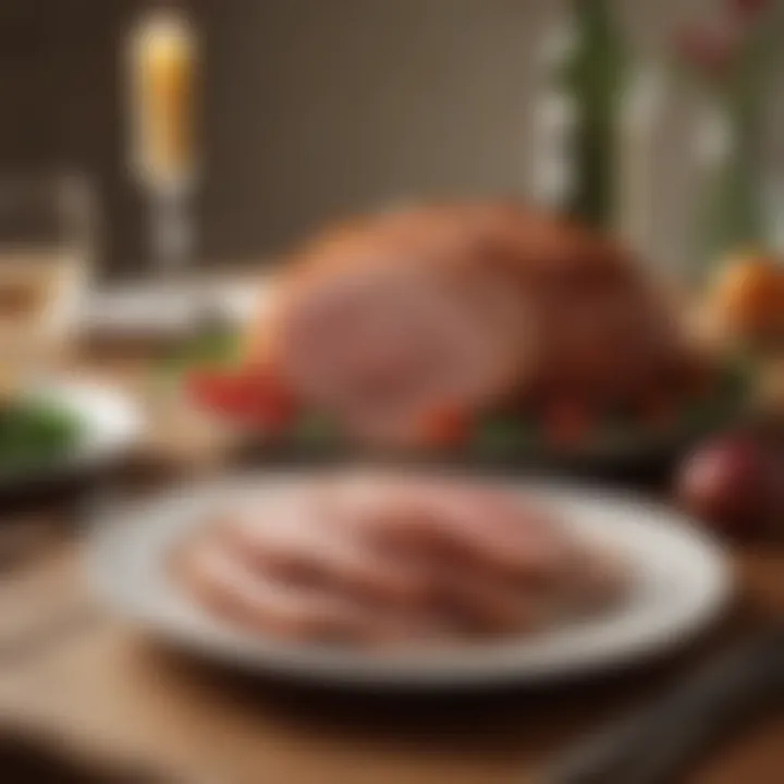 An elegant table setting featuring giant spiral sliced honey ham accompanied by seasonal sides.
