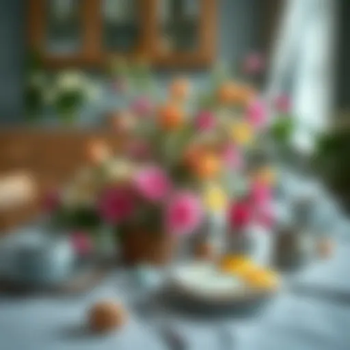 Easter Breakfast Table Arrangement A beautifully arranged Easter breakfast table with floral decorations