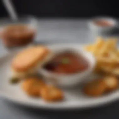 An elegant plate showcasing chicken patties with a side of gourmet dipping sauce