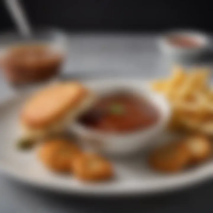 An elegant plate showcasing chicken patties with a side of gourmet dipping sauce