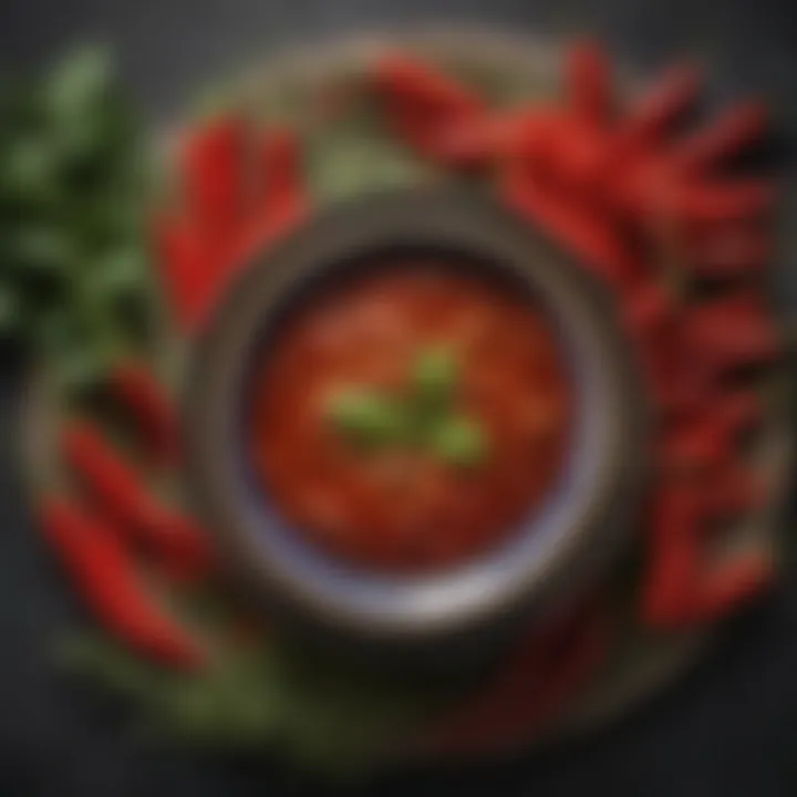 A close-up of sweet Thai chili sauce in a decorative bowl, surrounded by traditional Thai herbs.