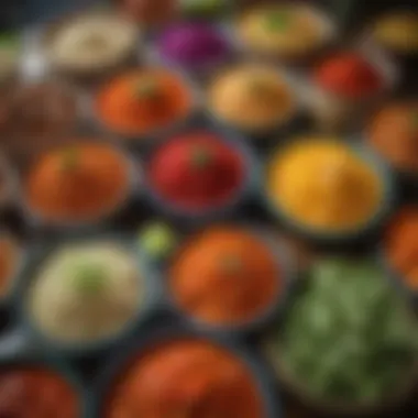 A colorful market stall displaying fresh ingredients commonly used in Thai cuisine.