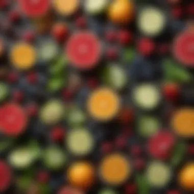 Colorful Ingredients for Unique Cocktail Creations An assortment of vibrant fresh fruits and herbs ideal for mixology