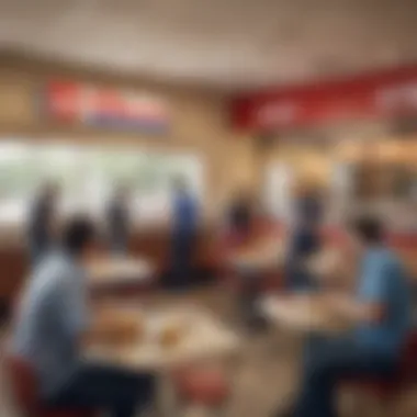 A bustling interior scene depicting a lively gathering of customers enjoying their meals.