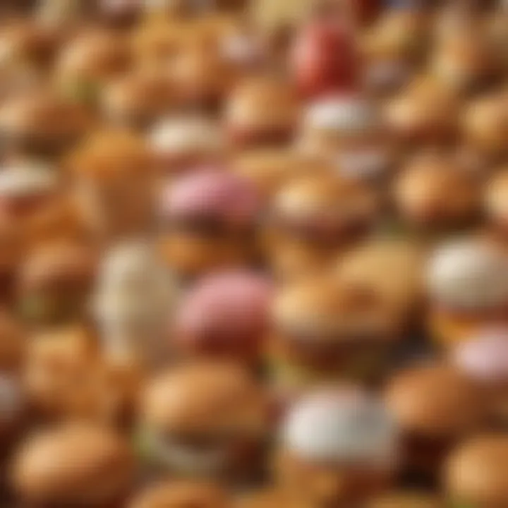 A close-up view of a variety of menu items including burgers, fries, and ice cream desserts.