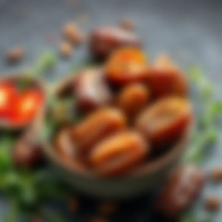 A bowl of dates surrounded by herbs and spices, illustrating culinary versatility.