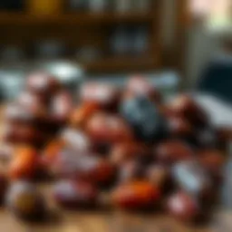 A variety of dates displayed on a wooden table, showcasing different types and colors.