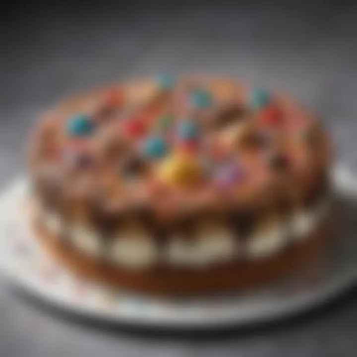 A beautifully decorated choc chip cookie cake with vibrant sprinkles and chocolate decorations