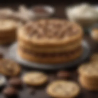 An array of raw ingredients for choc chip cookie cake including flour, sugar, and chocolate chips