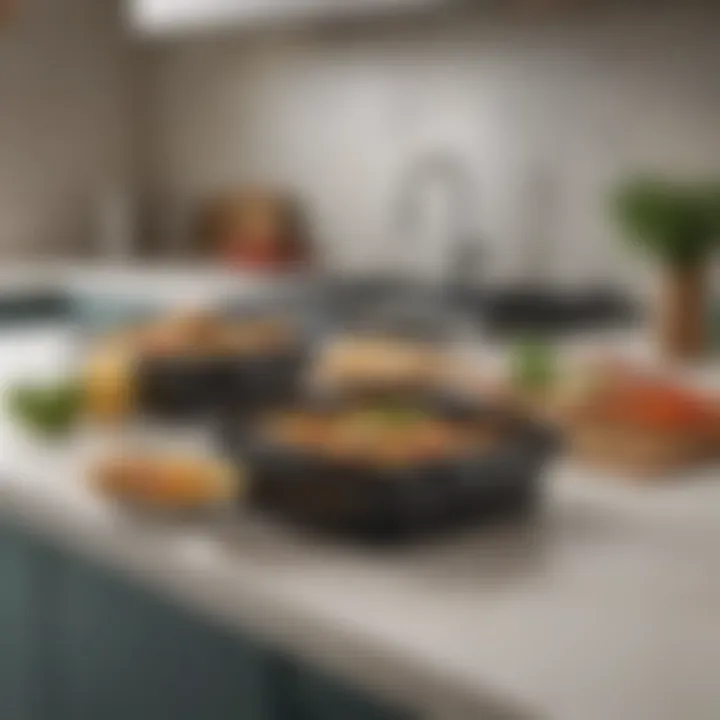 An organized kitchen countertop with neatly packed meal delivery boxes