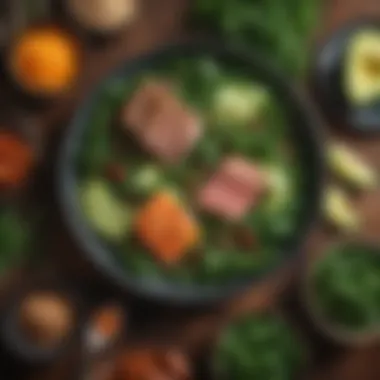 Protein and Greens in Keto Meal A beautifully arranged keto meal featuring protein and greens