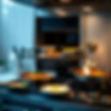 Diverse dishes being prepared simultaneously in the two ovens of the stove combo.