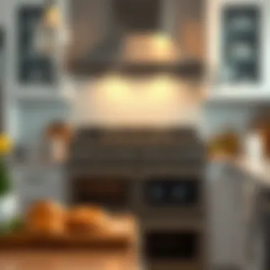 Illustration of a beautifully organized kitchen featuring a double oven stove combo in action.