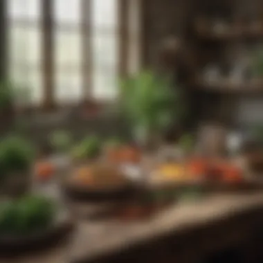 A rustic kitchen setup with various plant-based ingredients laid out