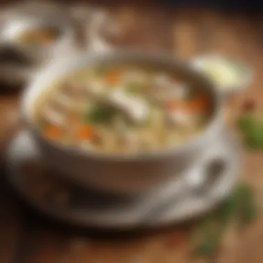 A hearty bowl of chicken noodle soup with herbs and spices