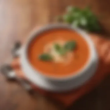 A creamy tomato bisque garnished with basil