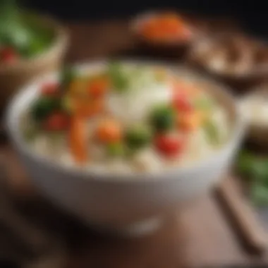 Close-up of a rich and flavorful rice bowl with fresh vegetables