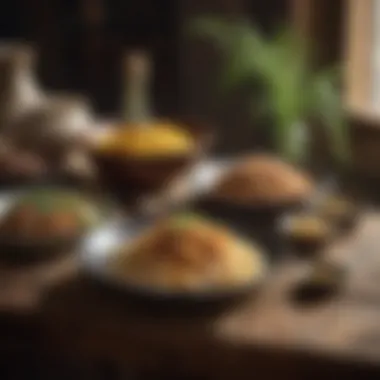 Cultural Heritage in Rice Dishes A rustic table set with traditional rice dishes highlighting cultural heritage