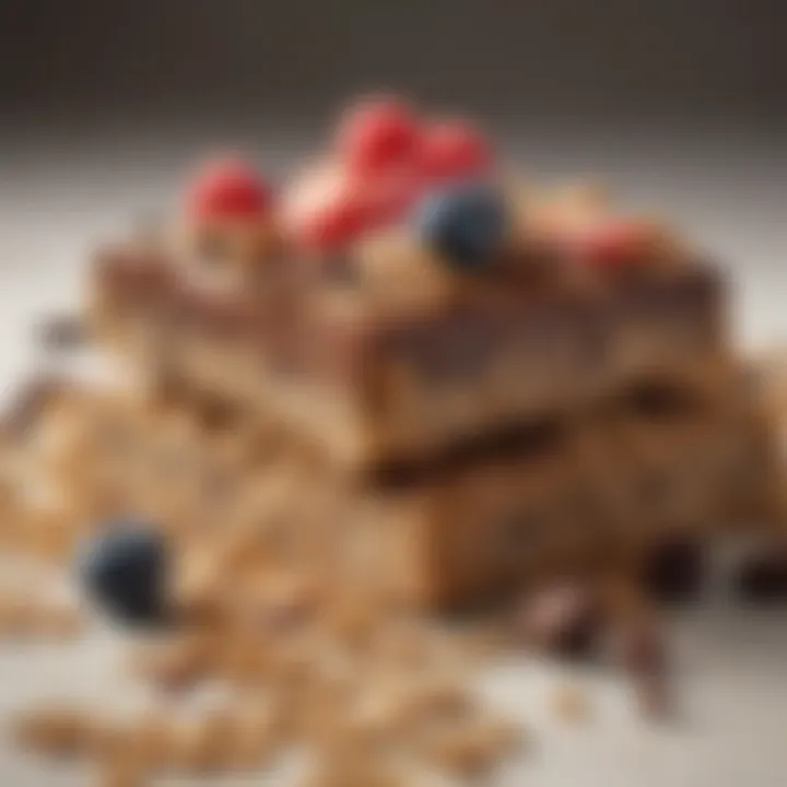 Close-up of an energy bar showcasing its rich ingredients like oats, chocolate, and berries.