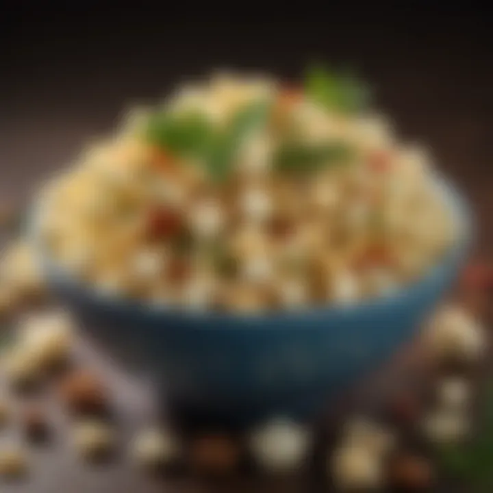 An enticing bowl of popcorn adorned with fresh herbs and spices.