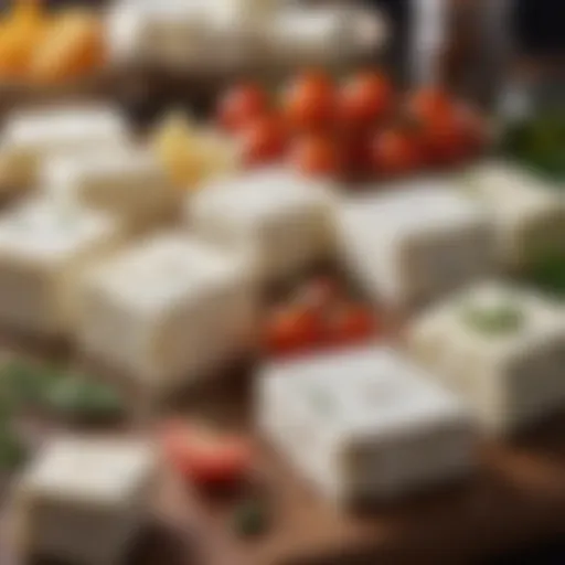 An assortment of feta cheese blocks with varying textures and colors