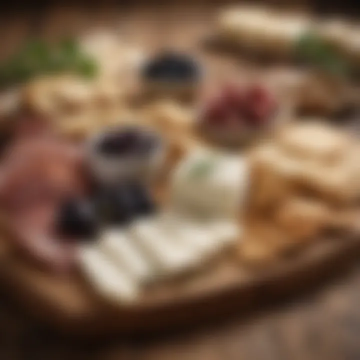 A rustic wooden board showcasing feta cheese with olives and crackers